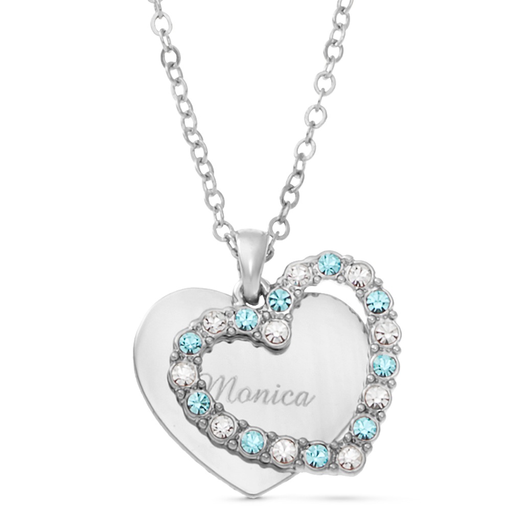 Name/Birthstone Double Heart Pendant, Silvertone, large