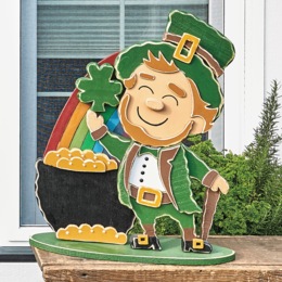 Chunky Wood Lit Pot Of Gold Leprechaun, , large