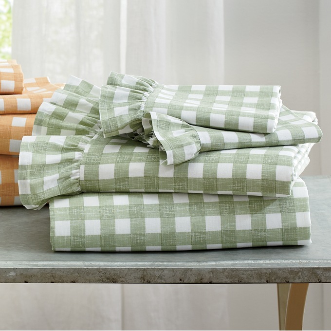 Ruffle Gingham Cotton Sheet Set, Sage, large