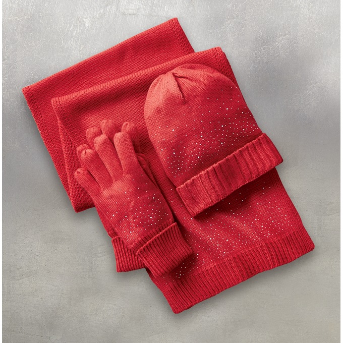 Rhinestone-Embellished Hat, Scarf & Glove Set, , large