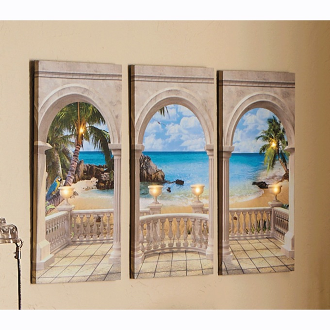 3-Piece Lit Tropical Window Wall Art, , large