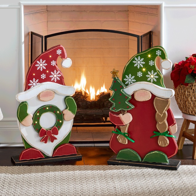 Chunky Wood Lit Christmas Gnome, , large