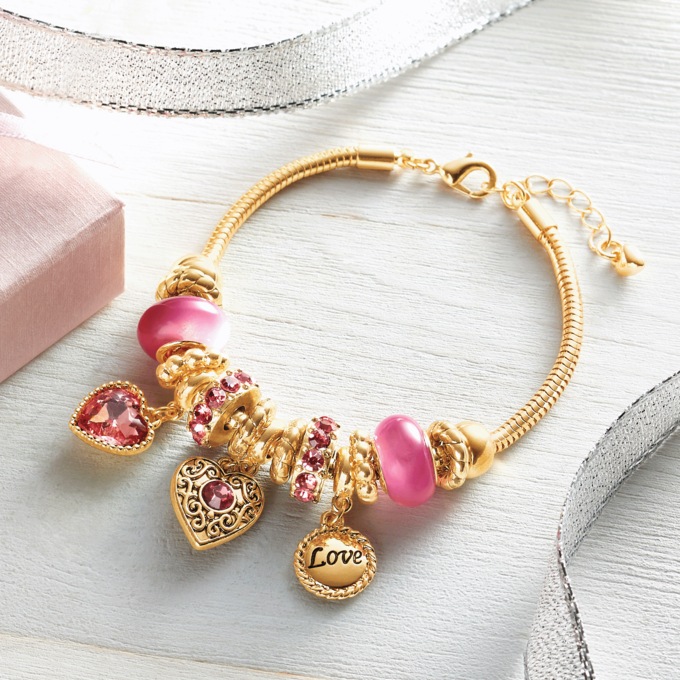 Heart Pink/Goldtone Slider Bracelet with Gift Box, , large