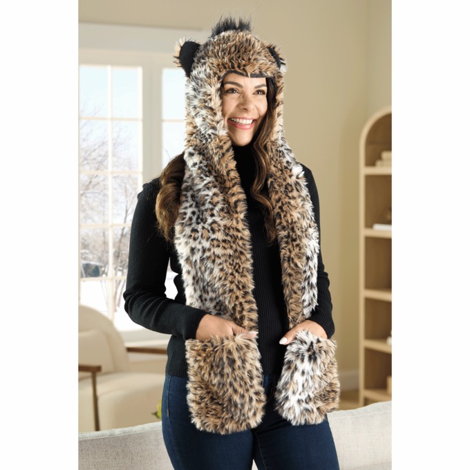 Faux-Fur Animal Hat with Scarf, , large
