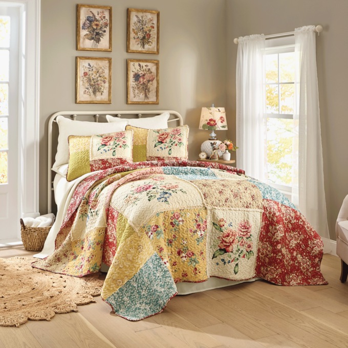 Lennon Floral Patchwork Oversized Quilt with Eyelet Accents and Coordinating Sham, , large