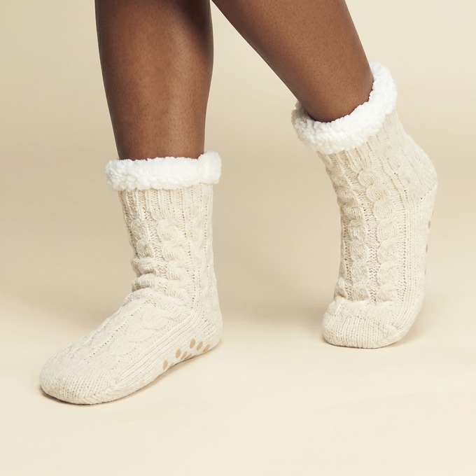 Crazy Soft Chenille Slipper Socks, Cream, large