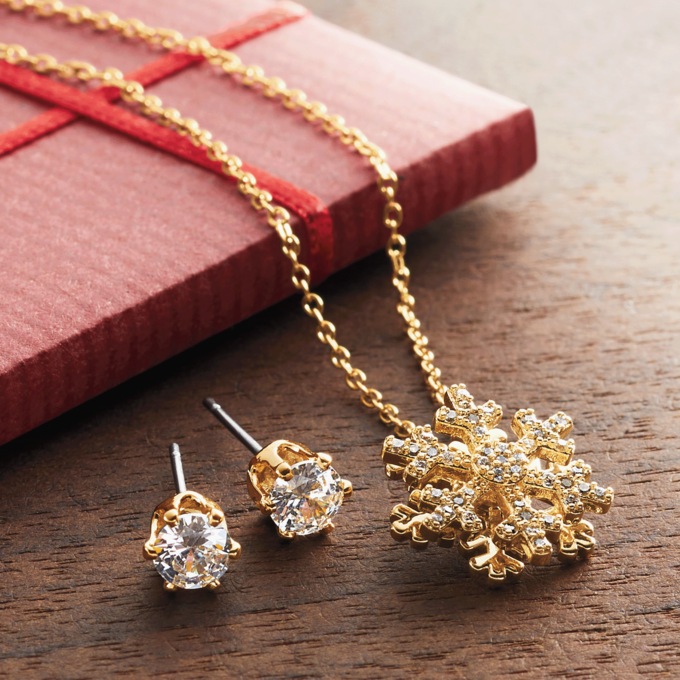 Cubic Zirconia Snowflake Necklace & Earring Set, Goldtone, large
