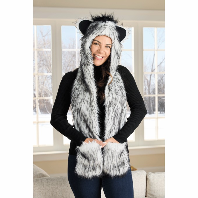 Faux-Fur Animal Hat with Scarf, , large
