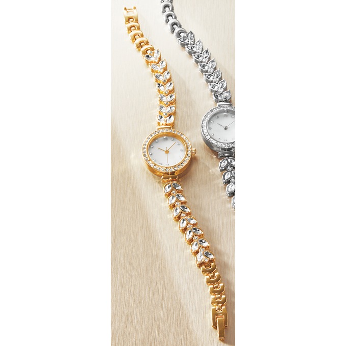 Ladies' Crystal Round Watch, Goldtone, large