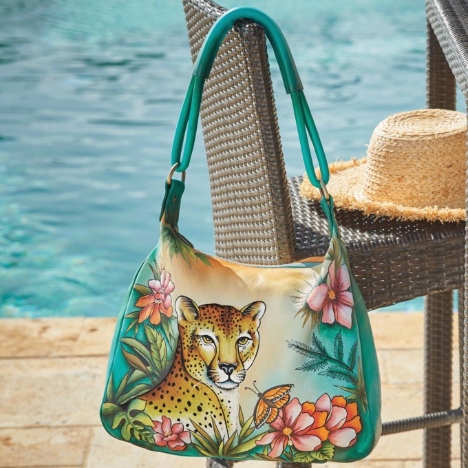 Painted Leather Cheetah Butterfly Satchel, , large