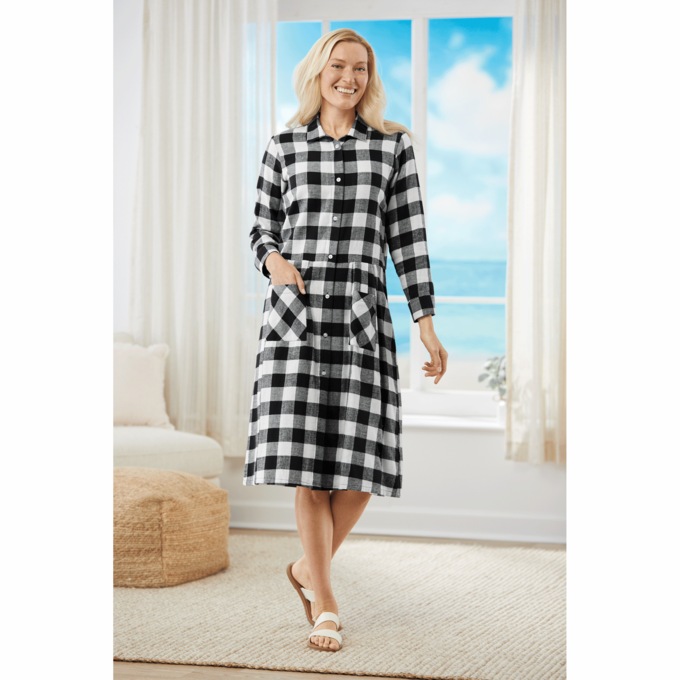 Flannel Cotton Midi Dress with Pockets, , large