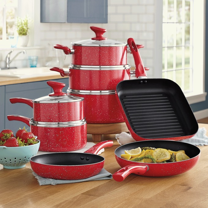 13-Piece Granite Aluminum Cookware Set, Red, large