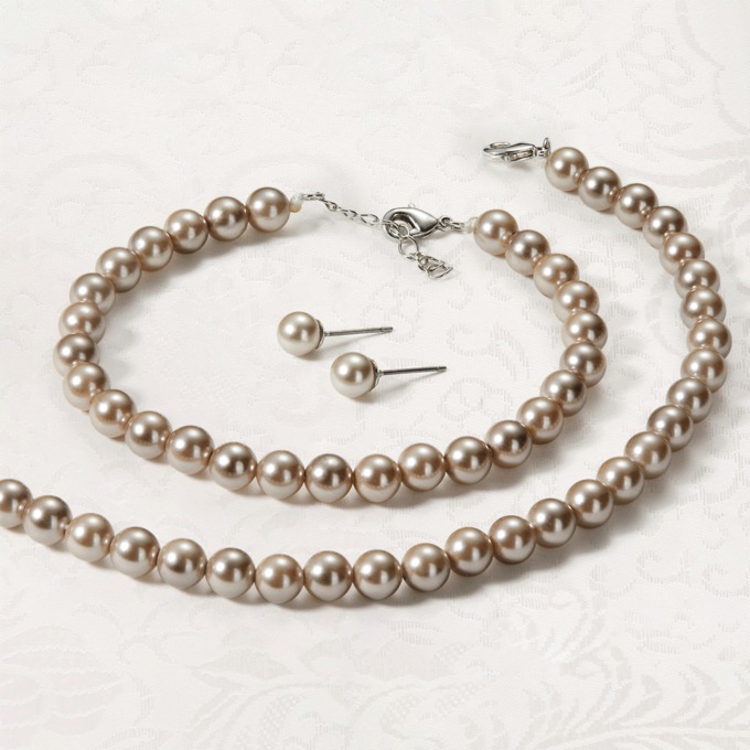 Faux Pearl Necklace, Bracelet and Earrings, Champagne, large