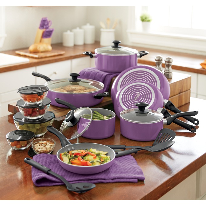 Ginnys 24-Piece Essential Cookware Set, Aluminum/Ceramic, Purple Punch