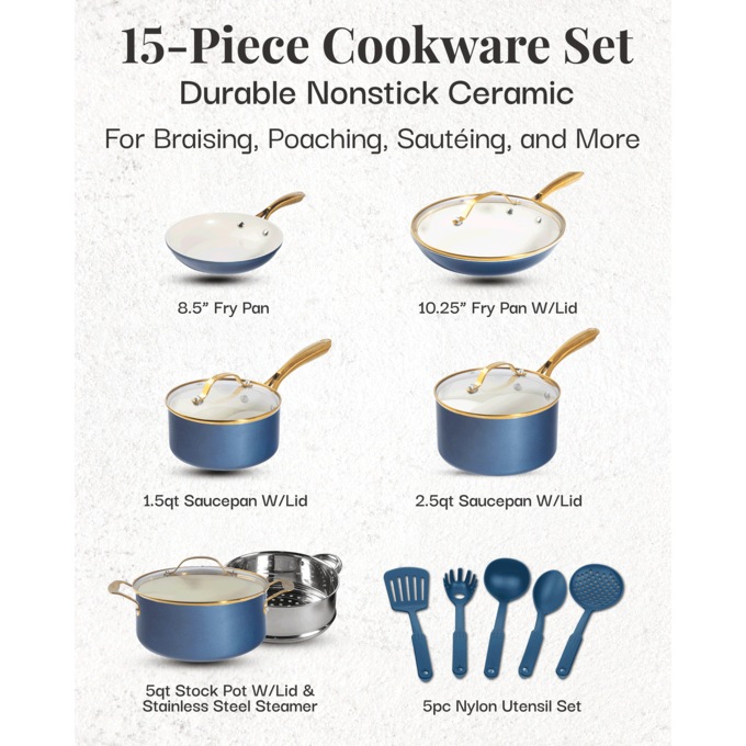 Gotham Steel Natural 15-Piece Ceramic Nonstick Cookware Set, , large