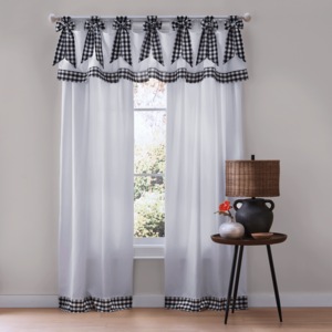Gingham Trim Curtain Window Panel, Black Ivory, large