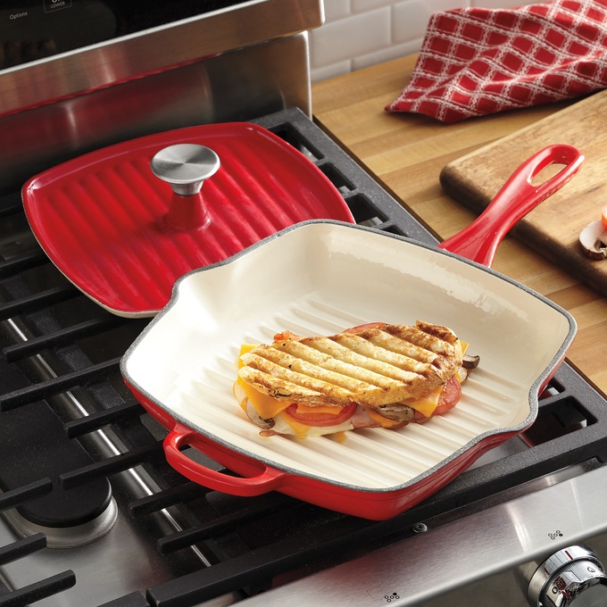 Enameled Cast Iron Grill Pan with Press, Red, large