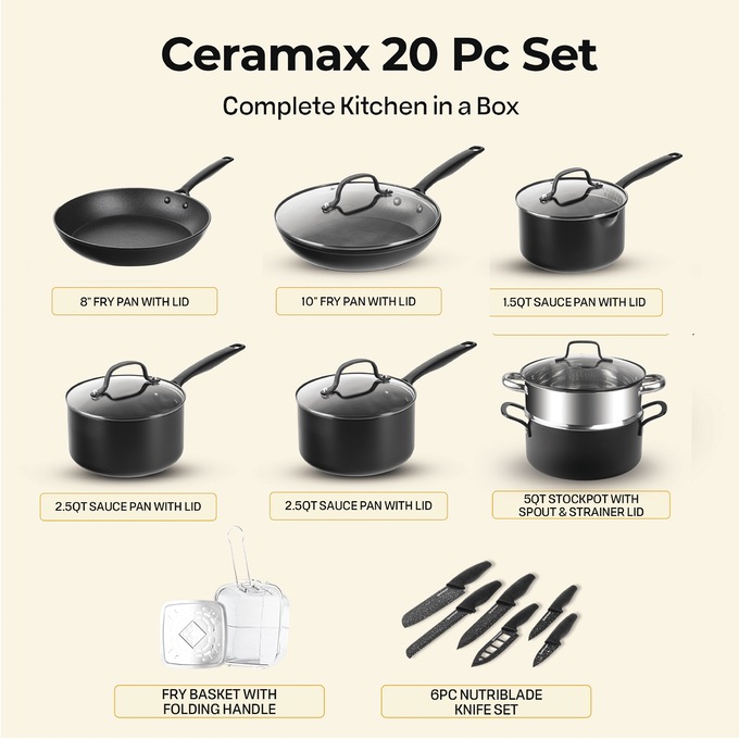 Ceramax 20-Piece Ceramic Nonstick Cookware Set, , large