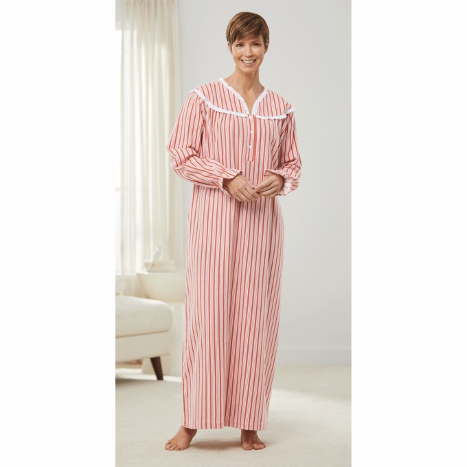 Flannel Cotton Nightgown with Lace Trim, , large