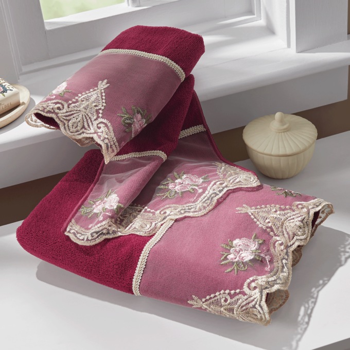 Elizabeth Lace Trim Towel Set, Wine, large