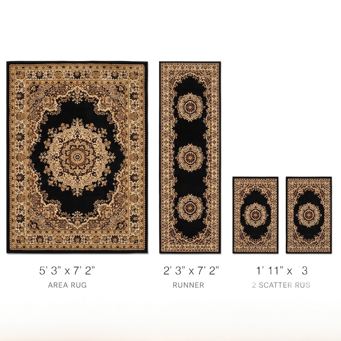 4-Piece Plush Floral Kirman Rug Set with Runner and Mats, Black, large