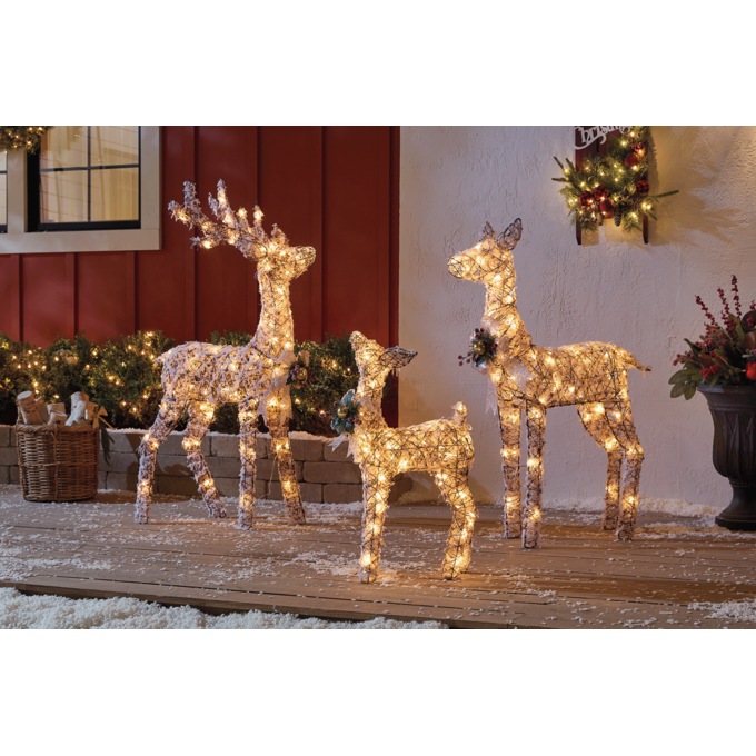 Set of 3 Outdoor LED Lighted Rattan Deer Family, Brown, large
