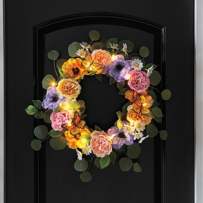 Lit Outdoor Peony and Butterfly Wreath, , large