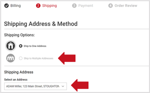 Click “Ship to Multiple Addresses” and select where each gift goes under each cart item.(No worries—you can add gift messaging later.)