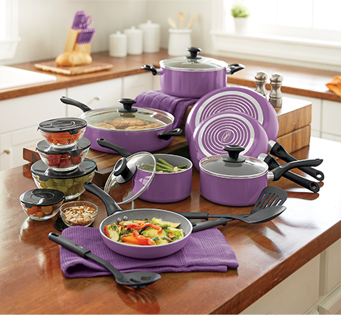 Purple cookware set and cooking tools on a kitchen island